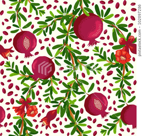 Pomegranate branches with fruits and flowers Seamless pattern. Bright leaves and fruits. Jewish New Year Pomegranate branches with fruits and flowers Seamless pattern. Bright leaves and fruits. Jewish New Year 102097286