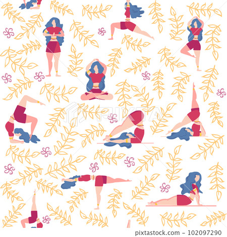Yoga seamless pattern woman is engaged. Yoga poses, lotus, monstera. Health of mind and body 102097290