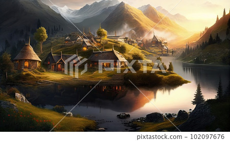 fantasy rural scene with country cottages fantasy rural scene with country cottages 102097676