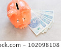 Piggy bank with polish paper money on the concrete table - business or financial concept in vertical banner 102098108