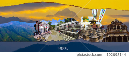 Collage of popular Nepalese travel destinations - Kathmandu valley and Himalaya mountains. Begnas Tal, Nepal with the Annapurna Himalaya visible in the background at sunset 102098144