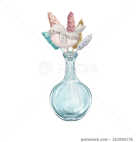Dried flowers in a glass vase with a bird made of fabric isolated on a white background Watercolor illustration of Provencal flowers. French style. Botanical flowers. Suitable for postcards, design 102098176