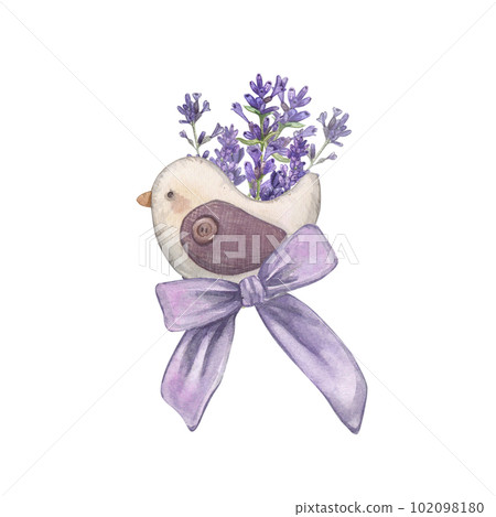 Lavender with a bird made of fabric and a bow isolated on a white background Watercolor illustration of jewelry with Provencal flowers. French style. Botanical flowers. Suitable for postcards, design Lavender with a bird made of fabric and a bow isolated on a white background Watercolor illustration of jewelry with Provencal flowers. French style. Botanical flowers. Suitable for postcards, design 102098180
