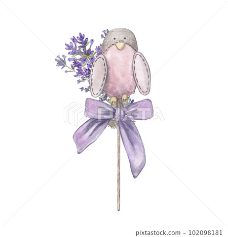 Lavender with a bird made of fabric and a bow isolated on a white background Watercolor illustration of jewelry with Provencal flowers. French style. Botanical flowers. Suitable for postcards, design Lavender with a bird made of fabric and a bow isolated on a white background Watercolor illustration of jewelry with Provencal flowers. French style. Botanical flowers. Suitable for postcards, design 102098181