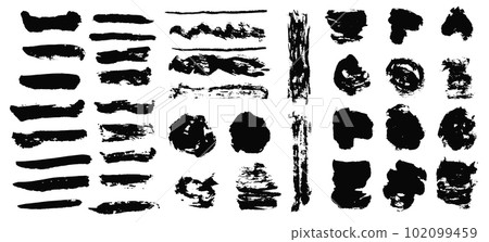Collection of isolated black textured grunge brush strokes and blobs. Dirty hand drawn unique ink lines, stamps and scratches for graphic design, decoration 102099459