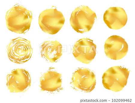 Collection of isolated shiny golden vector round grunge scratch and textured ink brush strokes. Bright yellow gold expressive hand drawn inky stains and blobs for graphic design, decoration Collection of isolated shiny golden vector round grunge scratch and textured ink brush strokes. Bright yellow gold expressive hand drawn inky stains and blobs for graphic design, decoration 102099462