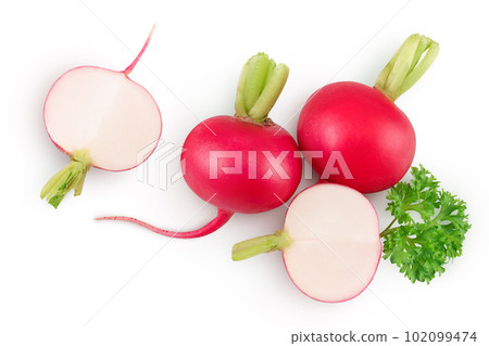 Radish with slices isolated on white background. Radish with slices isolated on white background. 102099474
