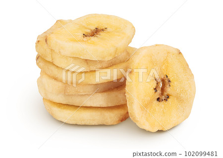 Dried banana chips isolated on white background with full depth of field 102099481