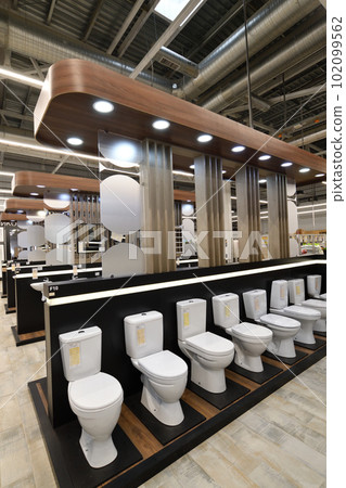 Moscow, Russia -21 Aug. 2022. Toilets in Petrovich building materials store Moscow, Russia -21 Aug. 2022. Toilets in Petrovich building materials store 102099562