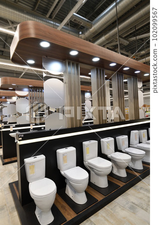 Moscow, Russia -21 Aug. 2022. Toilets in Petrovich building materials store 102099567