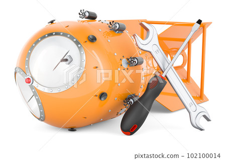 Atomic bomb, nuclear weapon with screwdriver and wrench. 3D rendering Atomic bomb, nuclear weapon with screwdriver and wrench. 3D rendering 102100014