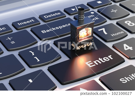 Potbelly stove, wood burner stove on laptop keyboard, 3D rendering 102100027