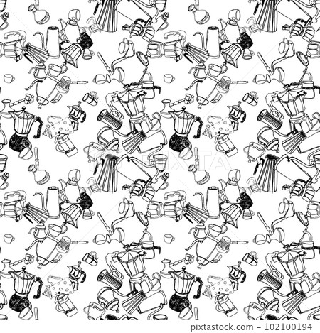 Pattern with illustrations of different methods of manual brewing, geyser coffee maker, v60, kettle, cups and filter of coffee on a white background, ink drawing Pattern with illustrations of different methods of manual brewing, geyser coffee maker, v60, kettle, cups and filter of coffee on a white background, ink drawing 102100194