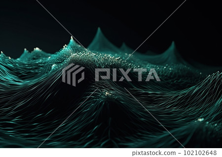 Polygonal green abstraction wave with spiky connection structure on black background made with generative AI 102102648