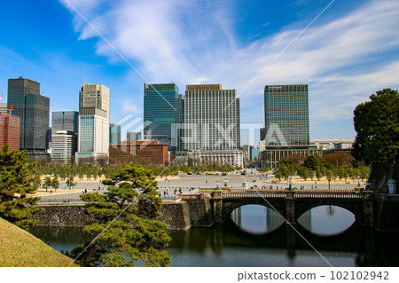 Spring in Tokyo View from the Nijubashi Bridge in the Imperial Palace Main Gate Ishibashi and the Tokyo Station Buildings Fusion of history and modernity Spring in Tokyo View from the Nijubashi Bridge in the Imperial Palace Main Gate Ishibashi and the Tokyo Station Buildings Fusion of history and modernity 102102942