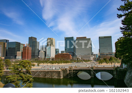 Spring in Tokyo View from the Nijubashi Bridge in the Imperial Palace Main Gate Ishibashi and the Tokyo Station Buildings Fusion of history and modernity Spring in Tokyo View from the Nijubashi Bridge in the Imperial Palace Main Gate Ishibashi and the Tokyo Station Buildings Fusion of history and modernity 102102943