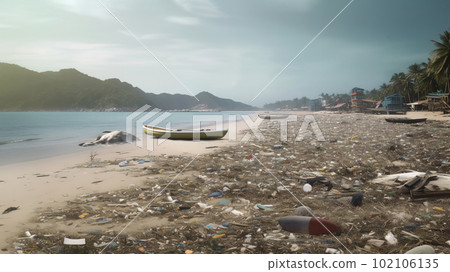 Ocean shore after tsunami. Natural disaster concept. Generative AI 102106135