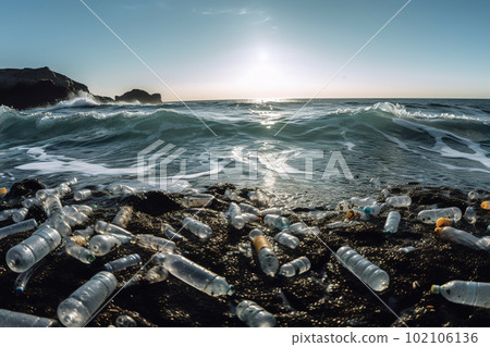 Plastic waste on sea or ocean shore. Global pollution concept. Generative AI 102106136