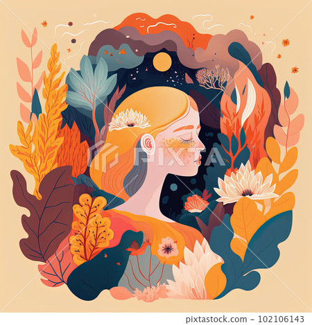 Abstract mental health, mindfulness, happiness and harmony illustration. Positive thinking, self care idea. Happy female head with plants. Serenity and connection with nature. Generative AI Abstract mental health, mindfulness, happiness and harmony illustration. Positive thinking, self care idea. Happy female head with plants. Serenity and connection with nature. Generative AI 102106143