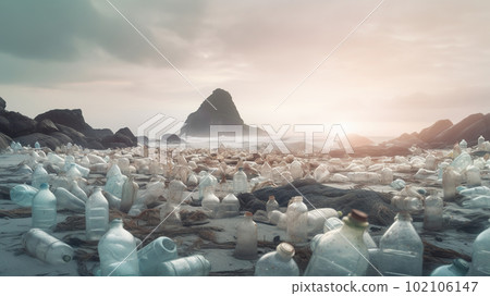 Plastic waste on sea or ocean shore. Global pollution concept. Generative AI 102106147