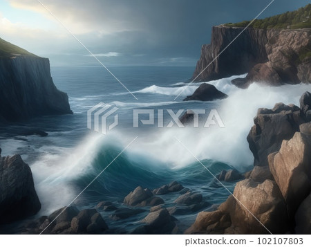A sizable body of water with a cliff in the distance, waves slamming against the rocks. Generative AI. A sizable body of water with a cliff in the distance, waves slamming against the rocks. Generative AI. 102107803