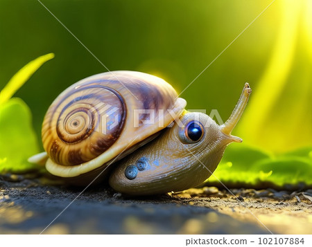 A Serene and delightful view of lush plants, Intriguing objects, and a playful snail in a dreamy, indistinct background. Generative AI. A Serene and delightful view of lush plants, Intriguing objects, and a playful snail in a dreamy, indistinct background. Generative AI. 102107884