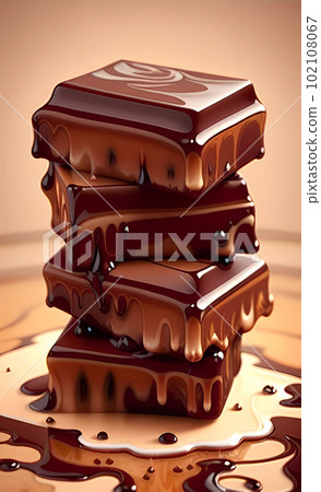 Close-up of a bar of dark chocolate that melts on the brown background 102108067