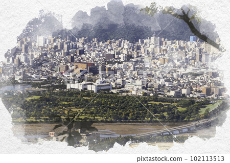 水彩風格的高松市區 高松公共高爾夫球場和屋島大橋 香川縣高松市 102113513