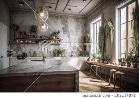 Discover the perfect combination of functionality and elegance in this modern kitchen, featuring a beautiful marble countertop and practical appliances. Created with Generative AI. 102114071