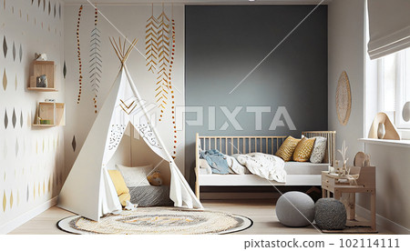 Cozy kids room with tent, Creative playroom interior decorated for child play, Montessori interior, room design, playroom, Generative AI Cozy kids room with tent, Creative playroom interior decorated for child play, Montessori interior, room design, playroom, Generative AI 102114111