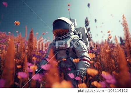 A surreal encounter between an astronaut in a space suit and a butterfly in a field of colorful flowers on an alien landscape. Perfect for science fiction and fantasy concepts. AI Generative. A surreal encounter between an astronaut in a space suit and a butterfly in a field of colorful flowers on an alien landscape. Perfect for science fiction and fantasy concepts. AI Generative. 102114112