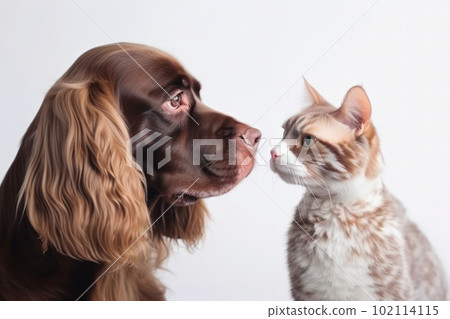 Domestic animals, a cat and dog, sitting together with adorable expressions, showing the beauty of pet ownership. AI Generative. Domestic animals, a cat and dog, sitting together with adorable expressions, showing the beauty of pet ownership. AI Generative. 102114115