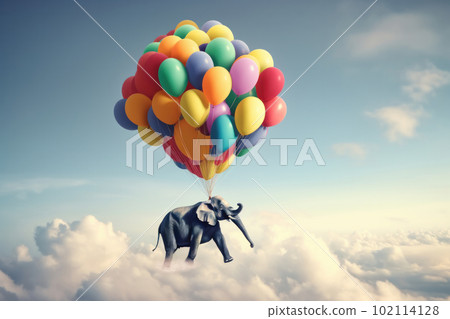A whimsical and surreal scene of a weightless elephant levitating with vibrant balloons in the blue sky, surrounded by flowers and grass. This creative and playful image is AI Generative. 102114128