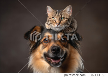 A match made in pet heaven a cat sitting on a dog's head, showcasing their adorable and heartwarming friendship. AI Generative 102114130