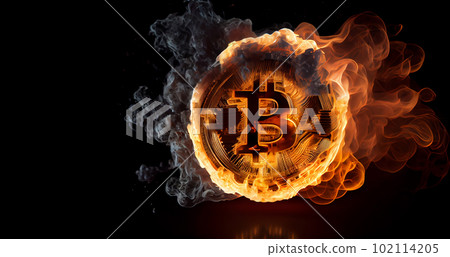 Burning in fire golden bitcoin on black background, Bitcoin coin in flames, burn cryptocurrency bit coin money, crash and blockchain bubble, Generative AI 102114205
