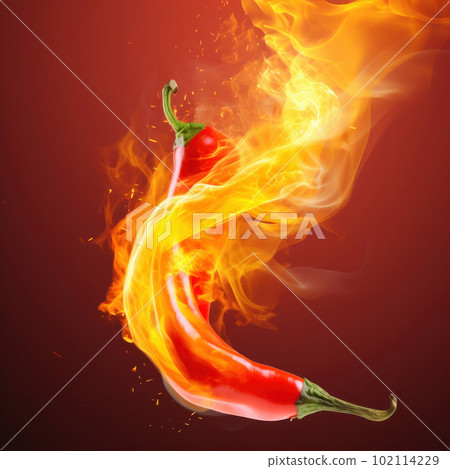 A black background highlights the intensity of this red hot chili pepper with yellow and red flames. Ready to take on the challenge? AI Generative. A black background highlights the intensity of this red hot chili pepper with yellow and red flames. Ready to take on the challenge? AI Generative. 102114229