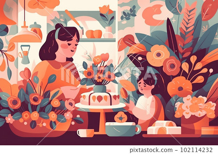 A playful and carefree moment shared between a mother and child in a scenic meadow, perfect for Mother's Day, capturing the innocence and beauty of childhood. AI Generative 102114232