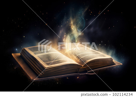 An open book with glowing pages invites readers to explore new worlds and gain knowledge. Perfect for educational or inspirational themes. AI Generative. 102114234