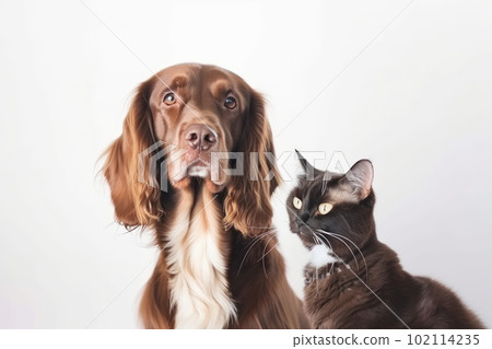 Two furry friends - a dog and a cat - share a moment of peaceful harmony in this heartwarming photo. AI Generative technology captured their bond. Two furry friends - a dog and a cat - share a moment of peaceful harmony in this heartwarming photo. AI Generative technology captured their bond. 102114235