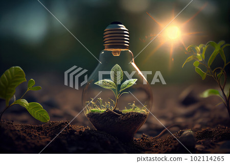 A glowing light bulb amidst green plants in soil showcases the idea of renewable energy and environment concept, promoting sustainability. Ai Generative 102114265