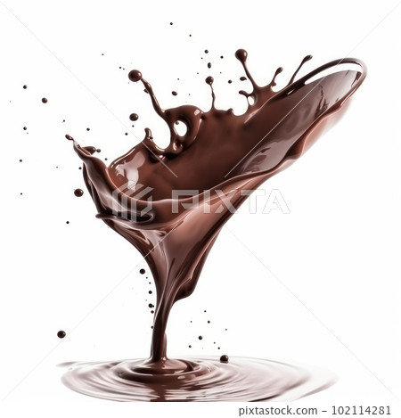 Close-up of chocolate splashing into water on a white background for a dynamic and abstract image. AI Generative 102114281