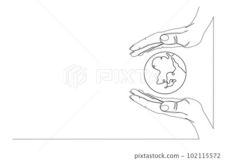 Continuous one line drawing. Hand holding Earth globe. Vector illustration. 102115572