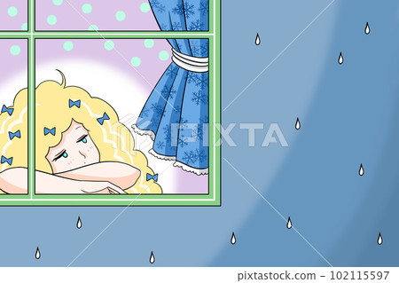 雨季一臉憂鬱的少女插畫窗邊少女暮色青春期單相思迷失房間青春 102115597