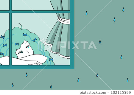 雨季滴滴答答的雨，一臉憂鬱的女孩插畫窗邊黃昏少女青春期單戀陷入沉思 102115599