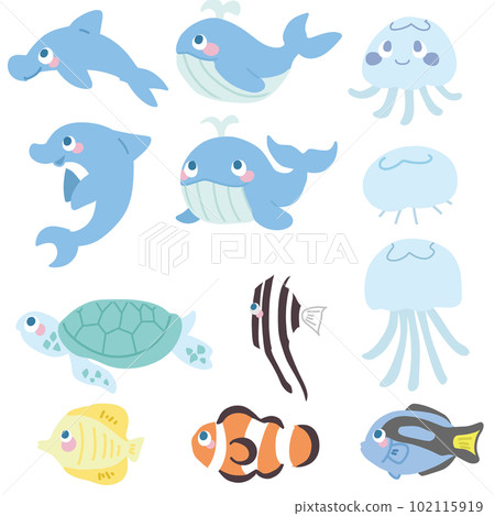 Cute sea creatures no main line color illustration set Cute sea creatures no main line color illustration set 102115919