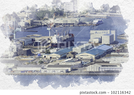 Watercolor style Takamatsu city area around Takamatsu port Takamatsu city, Kagawa prefecture Watercolor style Takamatsu city area around Takamatsu port Takamatsu city, Kagawa prefecture 102116342