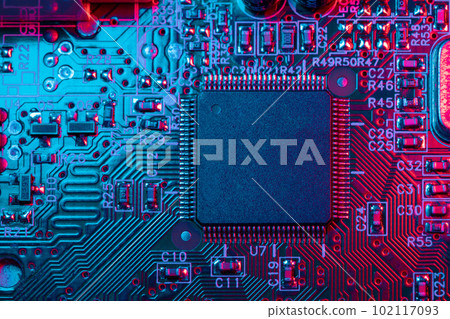 Digital Microprocessor. Computer Controller Circuit Board closeup Main Central Processing Unit Electronic Chips with Data Signal Lane. Digital Microprocessor. Computer Controller Circuit Board closeup Main Central Processing Unit Electronic Chips with Data Signal Lane. 102117093