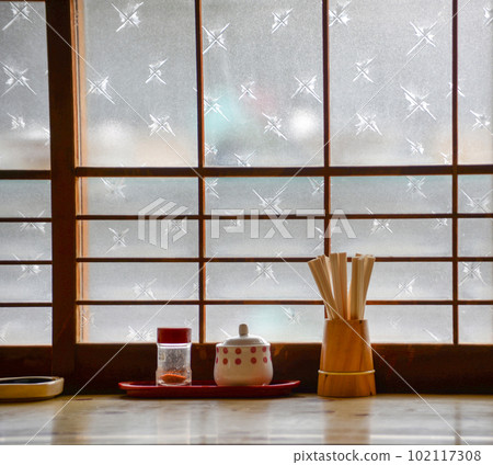 Showa retro cafeteria window counter seats and seasoning containers 102117308