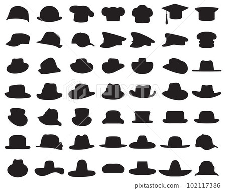 Black silhouettes of various caps and hats on a white background 102117386