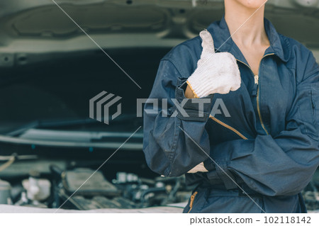 Mechanic Hand Thumbs Up Work in Auto Repair Shop Fix Car in Garage Maintenance Service in Good Condition Happy Liked at Workplace 102118142